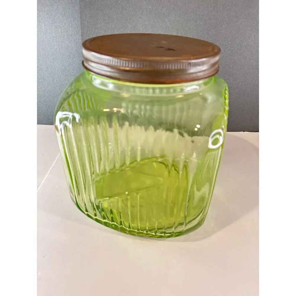 1930s Uranium Vaseline Glass Hoosier Style Canister Jar Ribbed UV Glow Lid
